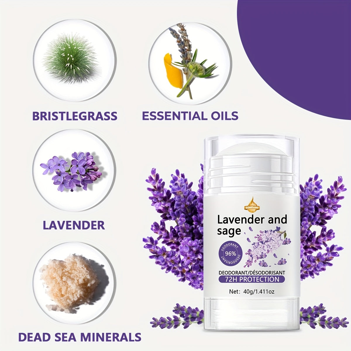 Aluminum-Free Vegan Deodorant Lavender & Sage with 24 Hour Odor Protection, for Women and Men, 1.411oz