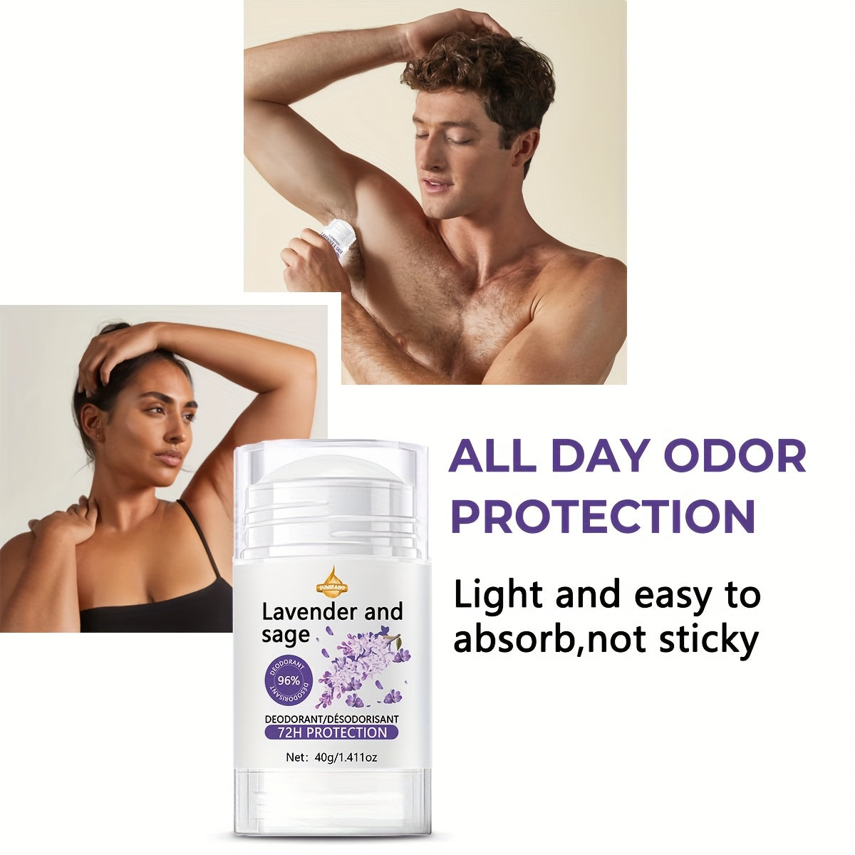 Aluminum-Free Vegan Deodorant Lavender & Sage with 24 Hour Odor Protection, for Women and Men, 1.411oz