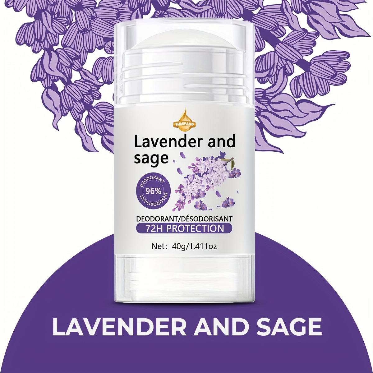Aluminum-Free Vegan Deodorant Lavender & Sage with 24 Hour Odor Protection, for Women and Men, 1.411oz
